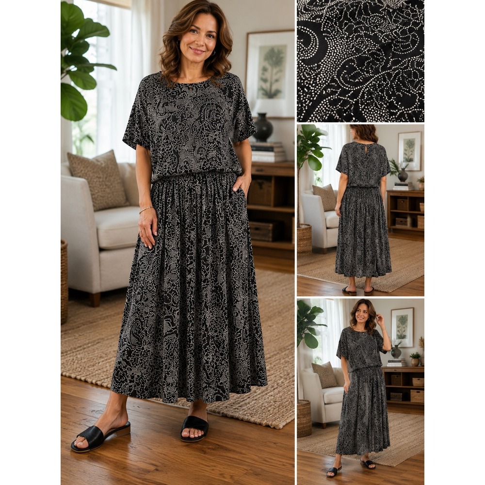Vintage Norton McNaughton 2 Piece Skirt Set Size 12 Black White Paisley Rayon